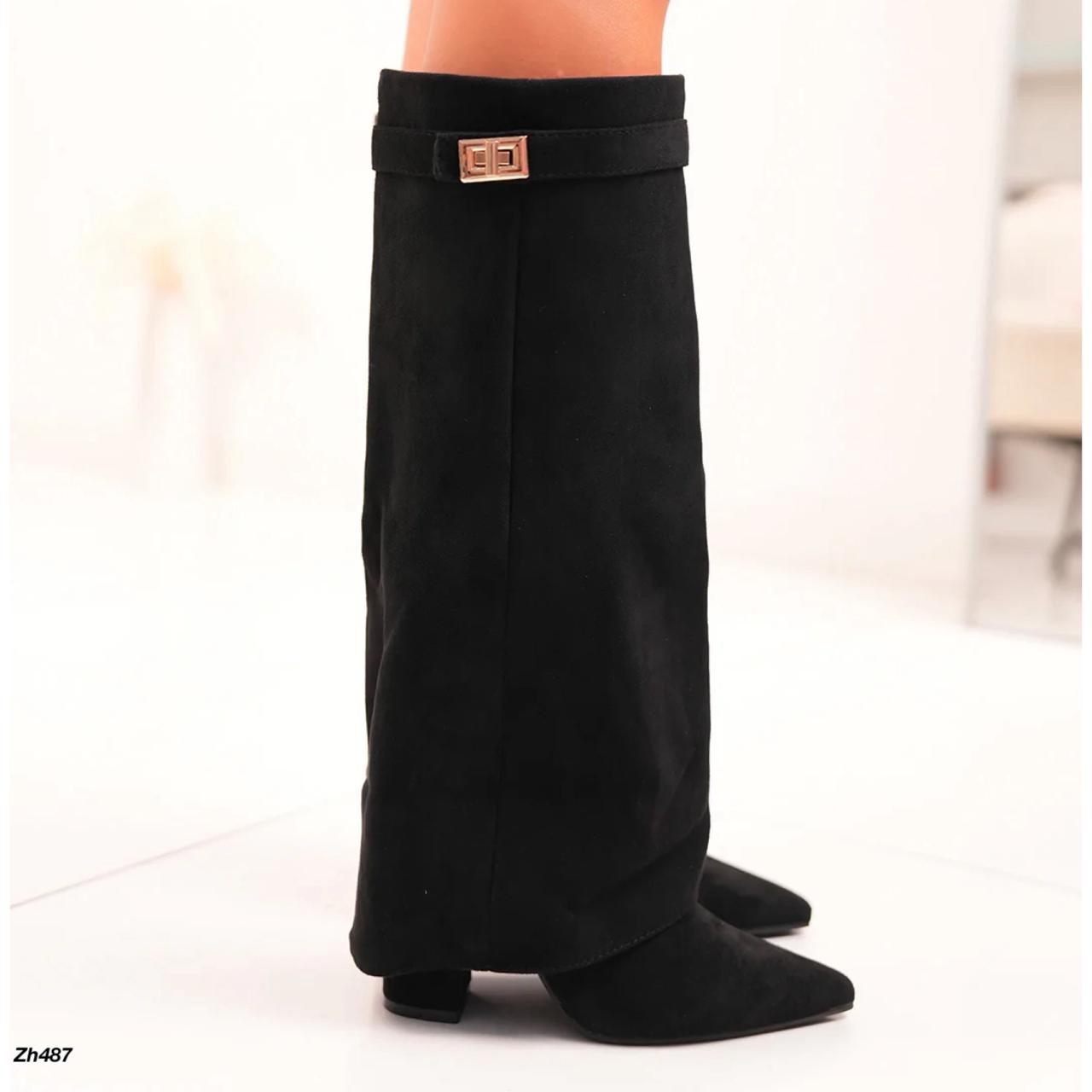 Bota caña alta negro doblez detalle dorado tacon 10cm SM569-1 C-155